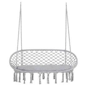 Hanging Hammock Chair Cotton Rope Porch Swing with Metal Frame and Cushion, Large Macrame Seat for Patio, Garden, Light Grey