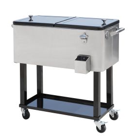 80 QT Mobile Cooler Station on Wheels for Outdoor Parties, Elegant Stainless Steel