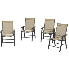 Set of 4 Outdoor Folding Chairs, Stackable Patio Dining Chairs with Armrests, Metal Frame, Light Mixed Brown