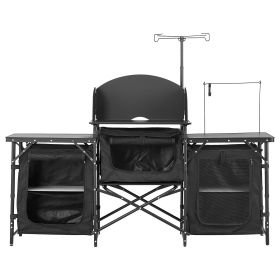 Camping Kitchen Table, Outdoor Camp Cooking Table, Aluminum Portable Cook Station with 3 Storage Cupboard, Carrying Bag, Detachable Windscreen