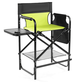 26" Tall Directors Chair with Footrest, 4Portable Bar Height Folding Camping Chair with Built-in Cup Holder, Side Table, Storage Pocket, Neon Gre