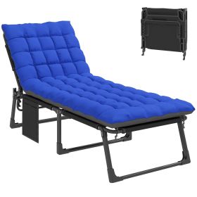 Folding Chaise Lounge Chair Outdoor Tanning Chair with 5-Position Backrest, Cushion, Side Pocket, Gray/Blue