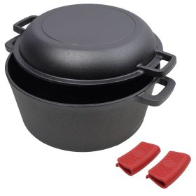 2 in 1 Pre-Seasoned Cast Iron Dutch Oven With Dual Handles, Outdoor Camping Deep Pot for Camping Fireplace Cooking BBQ Baking Campfire