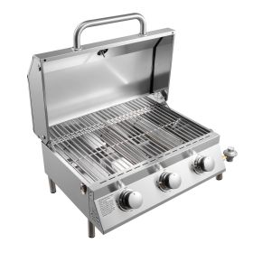 Tabletop Gas Grill, 3-Burner Stainless Steel Portable Propane Grill, with Built-in Thermometer, Travel Locks, Weatherproof Lid, 22,500 BTU Total
