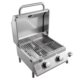Tabletop Gas Grill, 2-Burner Stainless Steel Portable Propane Grill, with Built-in Thermometer, Travel Locks, Weatherproof Lid, 15,000 BTU Total