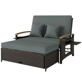 Rattan Outdoor Daybed w/4-Level Adjustable Backrest, Patio Sofa Bed w/Storage Ottoman, Acacia Wood Armrest, Mixed Gray (Option: Mixed Gray-1130x580x420 mm)